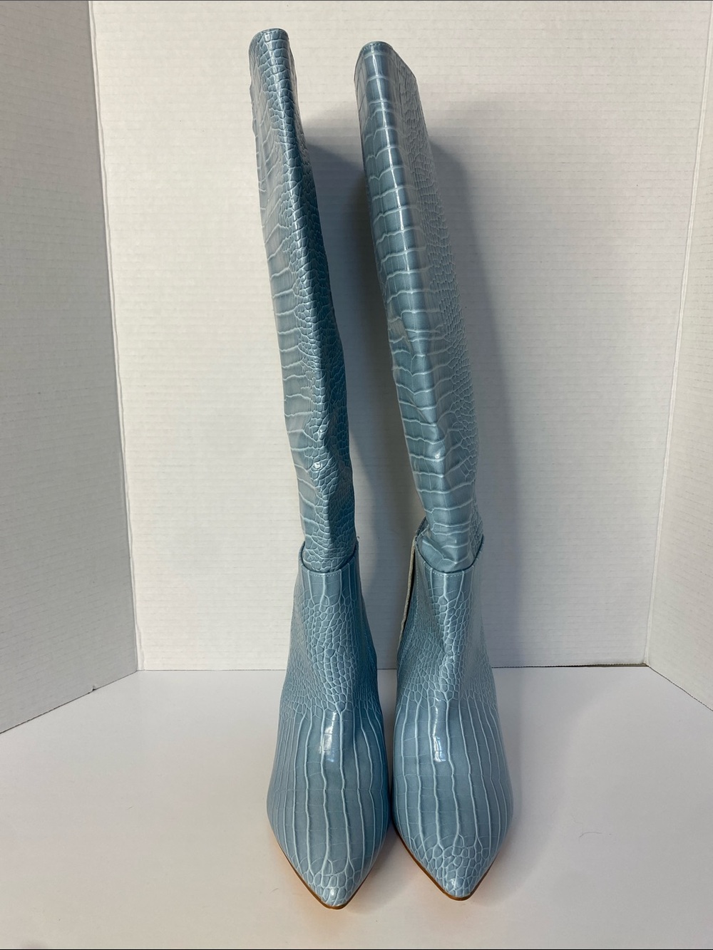 Lulu's Katari Light Blue Croc-Embossed Pointed-Toe Knee Boots - Picture 3 of 6